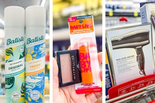 collage image of batiste dry shampoo, maybelline makeup, and conair hair dryer