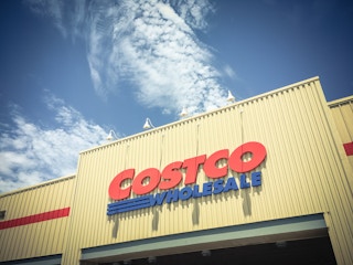 Logo of Costco Wholesale store at facade entrance
