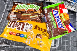 m&m's, milky way, and snickers candy bags in a cart
