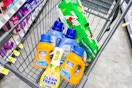 mr clean, arm and hammer, snuggle, cascade, and 7up products in a cart