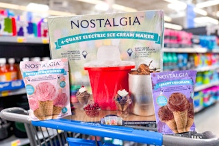 nostalgia brand ice cream maker with ice cream mixes on a walmart cart
