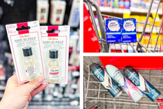 collage image of sally hansen hard as nails, degree dry spray deodorant, and alka-seltzer tablets