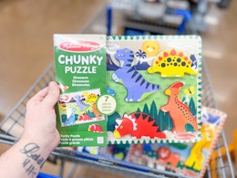 hand holding melissa & doug wooden chunky puzzle over walmart cart