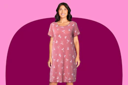 Woman wearing a Fruit of the Loom Sleepshirt in a bow pattern