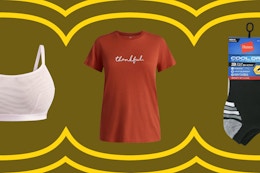 Joyspun bralette, Thankful t-shirt, and Hane's men's socks