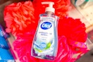 bottle of dial hand soap on red loofahs