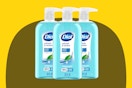 Dial Body Wash, Refresh & Renew Spring Water on a yellow background.