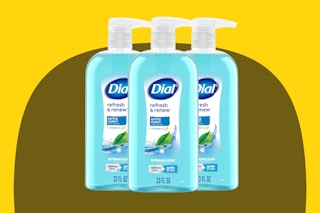 Dial Body Wash, Refresh & Renew Spring Water on a yellow background.