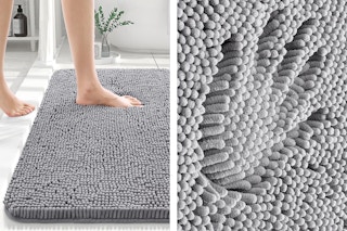 2 lifestyle images of a Buganda Bathroom Rug in the color gray