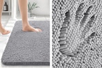 2 lifestyle images of a Buganda Bathroom Rug in the color gray