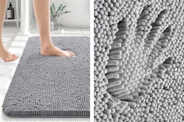 2 lifestyle images of a Buganda Bathroom Rug in the color gray