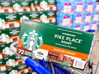 box of starbucks kcups in a cart