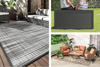 patio rug, deck box, patio conversation set