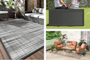 patio rug, deck box, patio conversation set