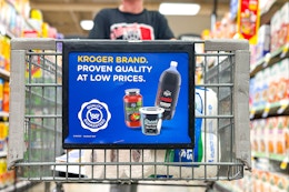 a close up of the front of a kroger shopping cart with person pushing it in the background 
