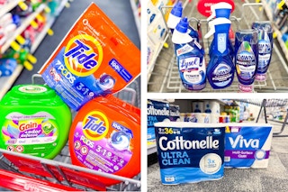 collage image of gain flings and tide pods, cottonelle and viva paper products, dawn and lysol products