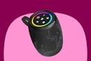 A barrel shaped portable wireless waterproof bluetooth speaker with a carrying loop and controls plus LED RGB lights on top.