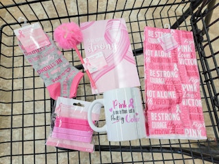 breast cancer awareness merchandise in a cart