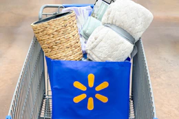 blanket, trash can, curtains, and wash cloths in a Walmart reusable bag
