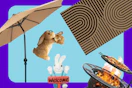beige patio umbrella, bunny yard statues, firepit, and rug