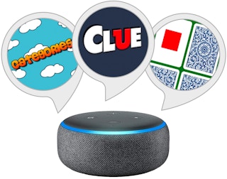 Three icons for Alexa games above an Amazon Echo device