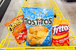 cheetos, tostitos, and fritos in yellow shopping cart