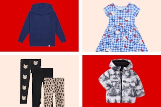 Toddler clothing - sweatshirt, hello kitty dress, cat print leggings, and winter puffer coat
