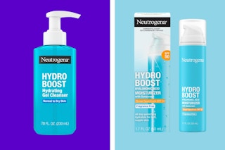two blue bottles of skincare products