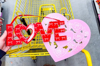 valentine's day decorations in yellow shopping cart