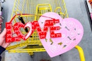 valentine's day decorations in yellow shopping cart
