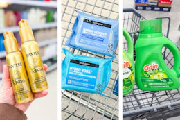 collage image of pantene serum, neutrogena wipes, and gain detergent