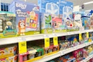 toys on a shelf with 50% off signs
