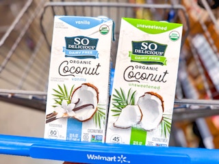 Vanilla and Unsweetend So Delicious coconut milk in a Walmart cart
