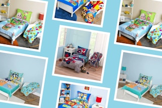 Toddler character bedding sets on a light blue collage - Spidey and Friends, Bluey, CoComelon, and Paw Patrol