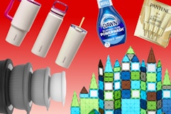 Carote tumblers, Dawn PowerWash, Pantene hair rescue, magnetic tiles, and mixing bowls