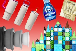 Carote tumblers, Dawn PowerWash, Pantene hair rescue, magnetic tiles, and mixing bowls