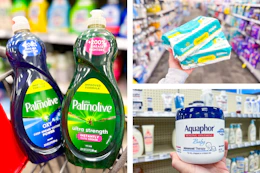 collage image of palmolive dish soap, pampers wipes, and aquaphor ointment