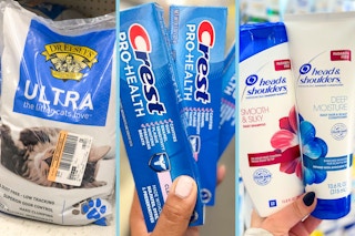 blue collage with br elsey's cat litter, crest toothpaste, and head and shoulders hair care