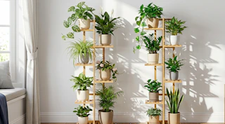 plants on wooden plant stands in a room