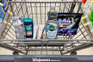a walgreens shopping cart with Tom's of Maine deodorant, crest toothpaste, seventh generation dishwashing liquid, finish dishwashing ...