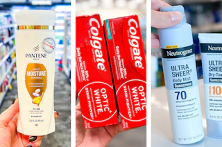 collage image of pantene shampoo, colgate toothpaste, and neutrogena sunscreen
