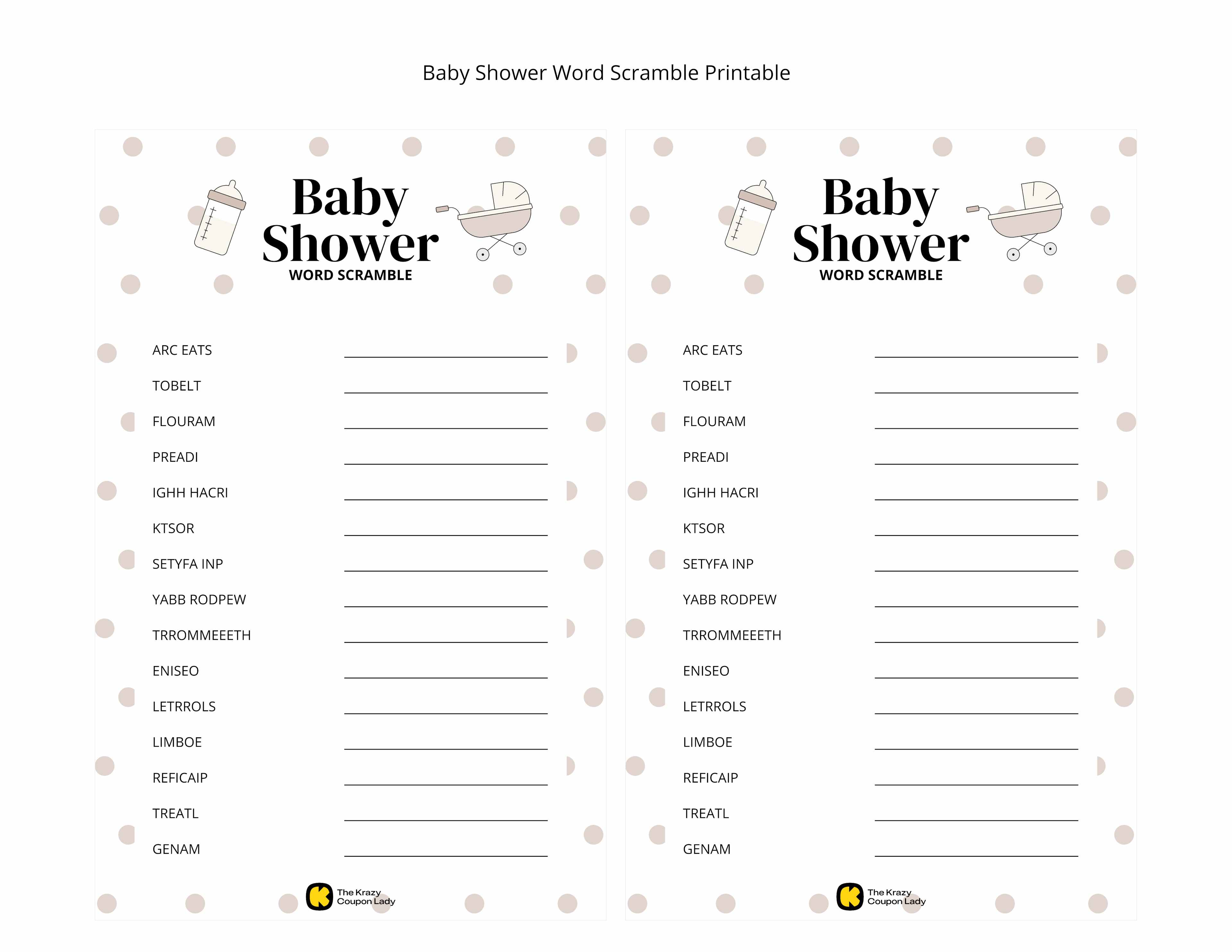 Baby Shower Word Scramble game printable