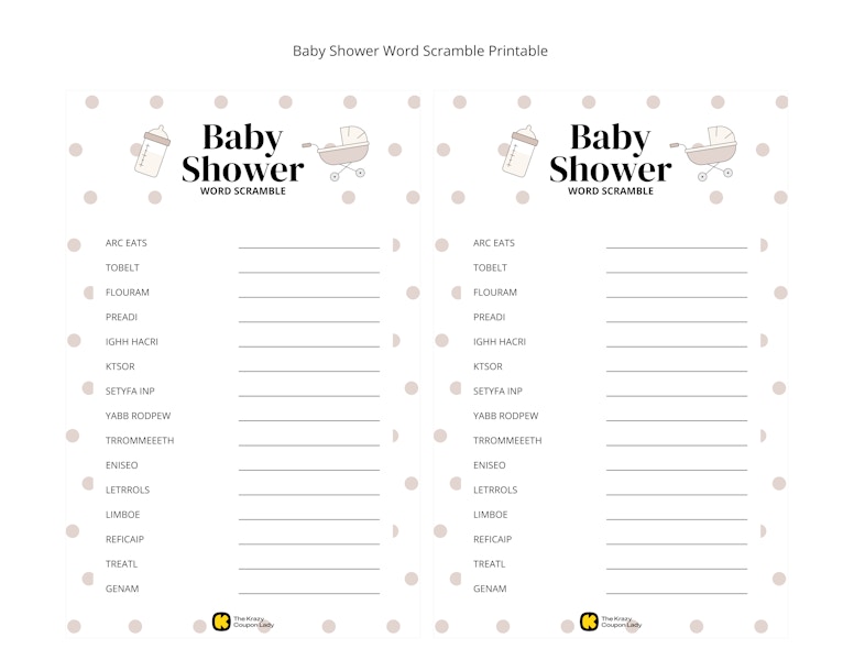 Baby Shower Word Scramble game printable