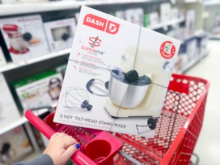 dash stand mixer sitting on top a target cart