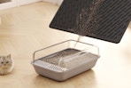 a woman pouring a cat litter mat into a litter box
