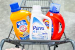 shopping cart with Tide, Purex, and Arm & Hammer products