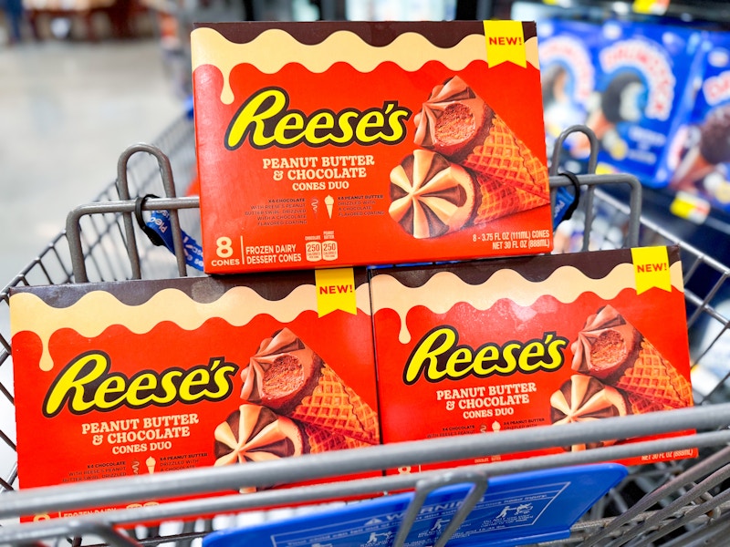 three boxes of reese's frozen dairy dessert cones in walmart cart