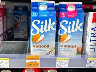 silk almond milk with a $1.29 clearance sign