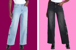 womens jeans on a pink background