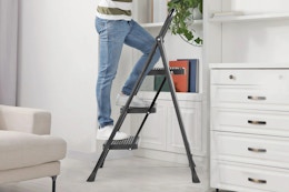 Lifestyle image (close up shot) of person using the ladder in home setting (bookshelf) 